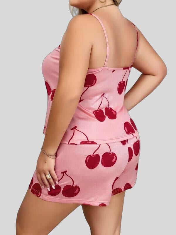 Arias Closet Büyük Beden Pembe Kiraz Desen İnce Askılı Pamuklu Şortlu Pijama Takımı