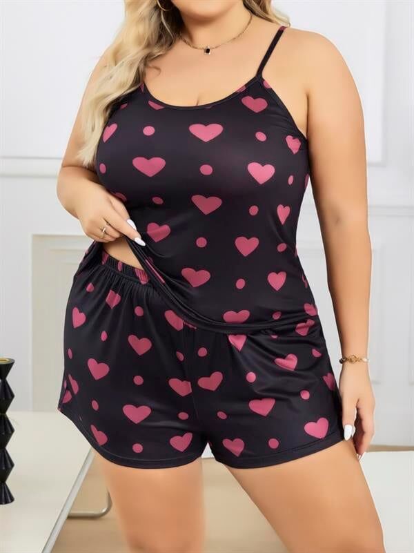 Arias Closet Büyük Beden Siyah Kalp Desen İnce Askılı Pamuklu Şortlu Pijama Takımı