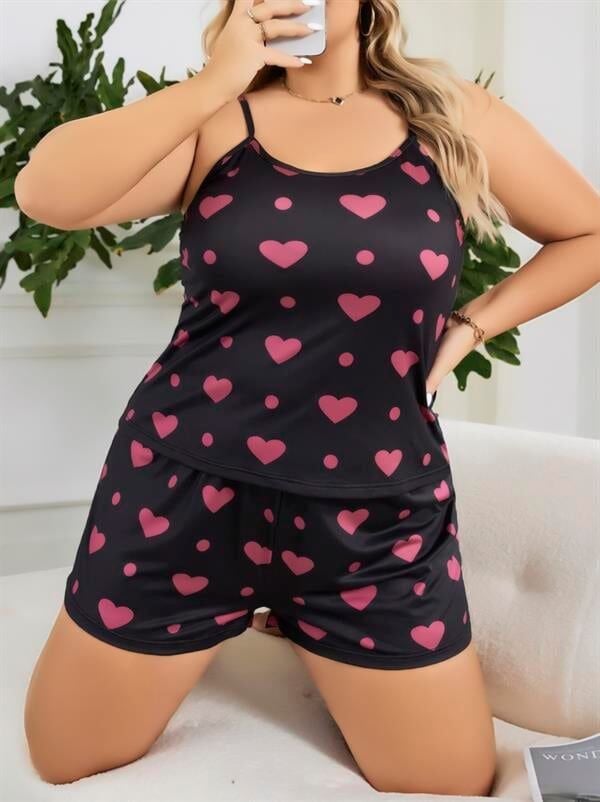 Arias Closet Büyük Beden Siyah Kalp Desen İnce Askılı Pamuklu Şortlu Pijama Takımı