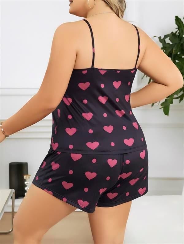Arias Closet Büyük Beden Siyah Kalp Desen İnce Askılı Pamuklu Şortlu Pijama Takımı