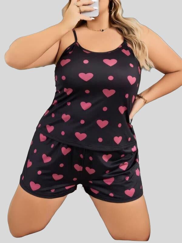 Arias Closet Büyük Beden Siyah Kalp Desen İnce Askılı Pamuklu Şortlu Pijama Takımı