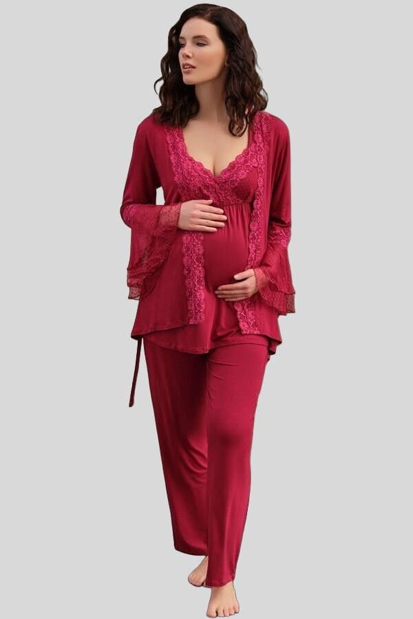 Kadın Viskon Hamile Lohusa Dantelli Sabahlık Önden Açılan Emzirme T-Shirt ve Pantolon Pijama 3'lü Takım