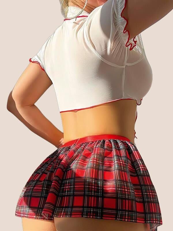 Arias Closet Şık Tasarım Tül Ekose Etekli Üst Kısmı Bağlamalı Fantezi Öğrenci Kostümü