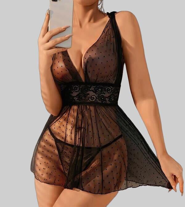 Arias Closet Siyah Dantel İşlemeli Puantiyeli Tül Fantezi Gecelik