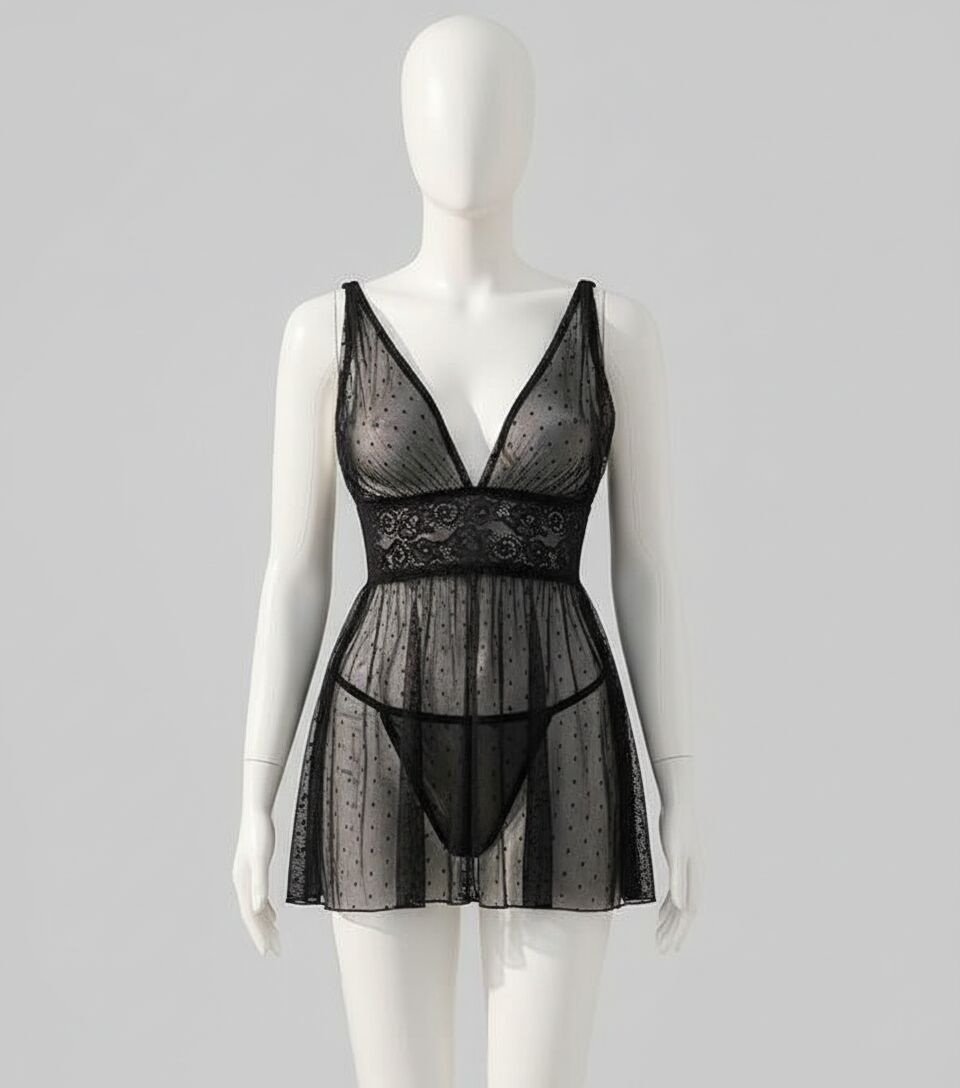 Arias Closet Siyah Dantel İşlemeli Puantiyeli Tül Fantezi Gecelik