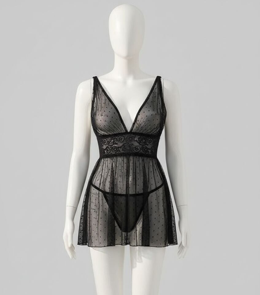 Arias Closet Siyah Dantel İşlemeli Puantiyeli Tül Fantezi Gecelik