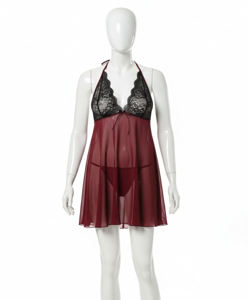 Arias Closet Büyük Beden Siyah Dantelli Boyundan Bağlamalı Fantezi Bordo Tül Gecelik