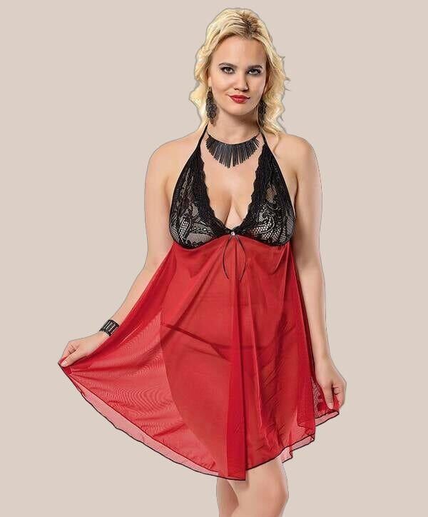 Büyük Beden Siyah Dantelli Boyundan Bağlamalı Fantezi Kırmızı Tül Gecelik