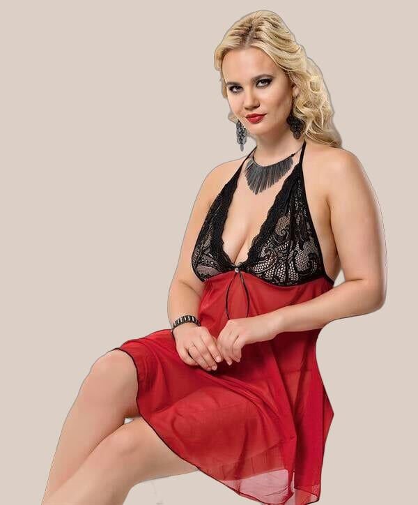 Büyük Beden Siyah Dantelli Boyundan Bağlamalı Fantezi Kırmızı Tül Gecelik