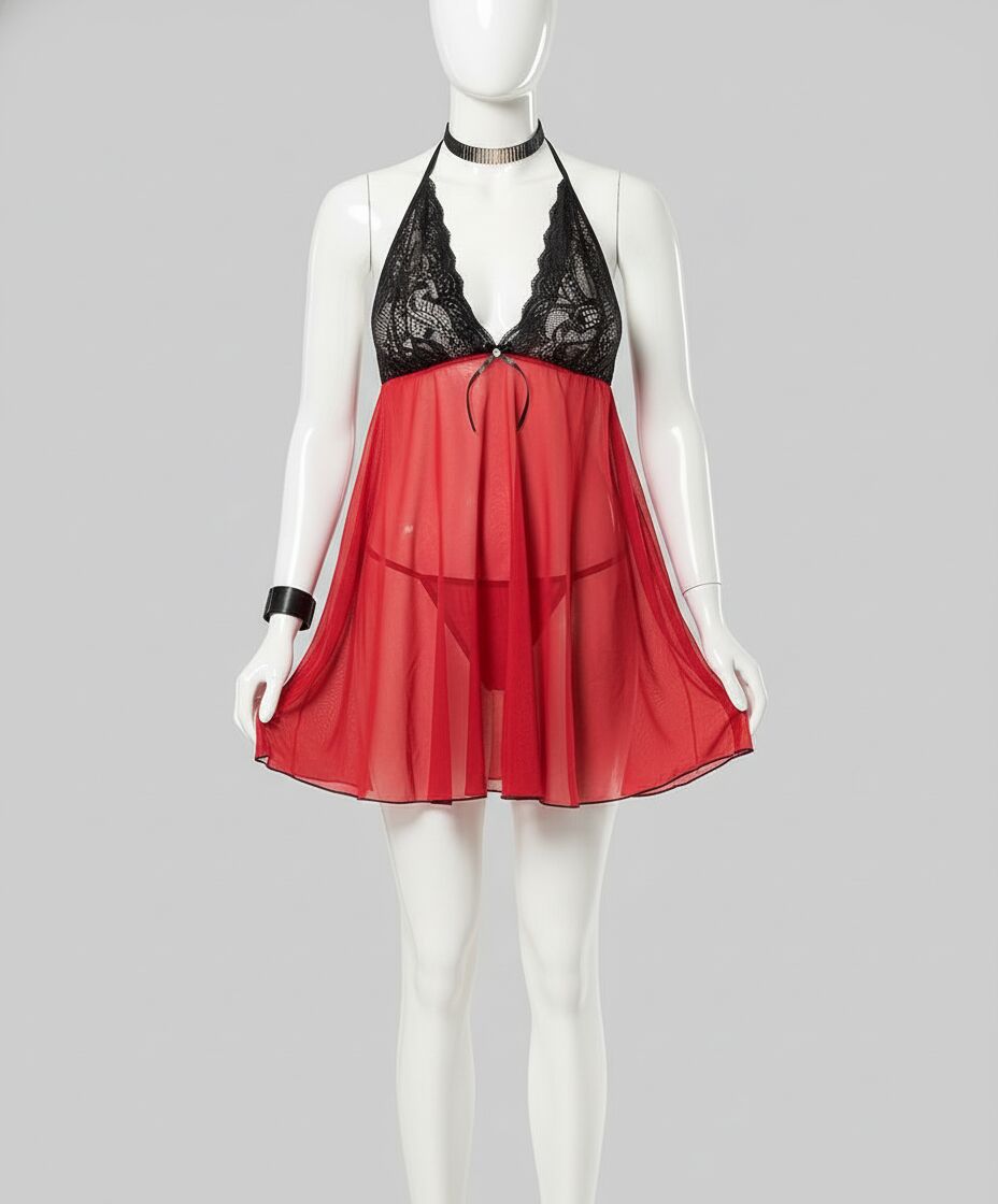 Büyük Beden Siyah Dantelli Boyundan Bağlamalı Fantezi Kırmızı Tül Gecelik