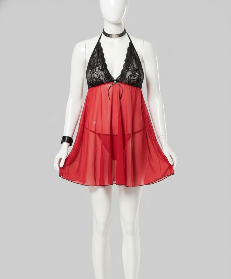 Arias Closet Büyük Beden Siyah Dantelli Boyundan Bağlamalı Fantezi Kırmızı Tül Gecelik