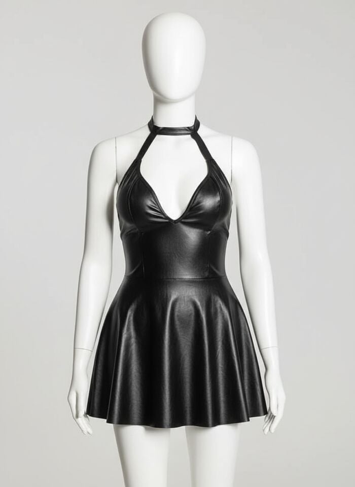 Arias Closet Siyah Boyundan Bağlamalı Fantezi Parlak Deri Gecelik