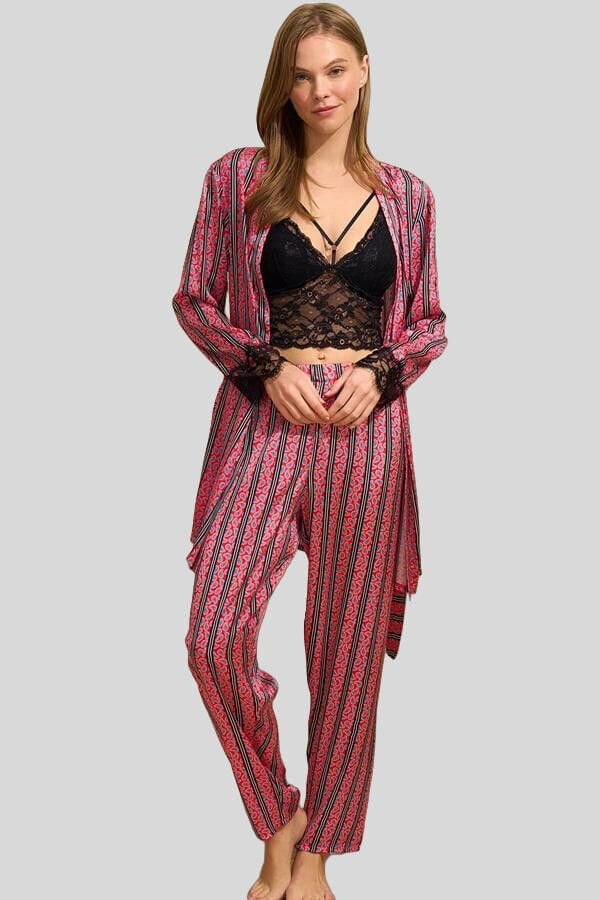 Kadın Saten Çizgili Dantelli Sabahlık Balensiz Desteksiz Dolgusuz Yaka Detaylı Bralet Sütyen ve Pantolon Pijama 3'lü Takım