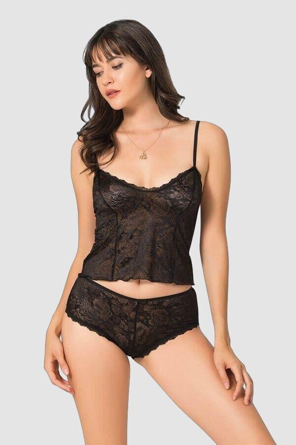 Siyah Jakarlı Babydoll Şort Takımı