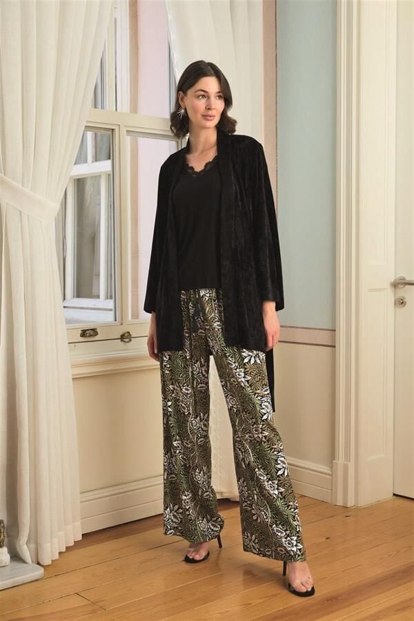 Arias Closet Çiçek Yaprak ve Etnik Desenli Dantelli 3'lü Pijama Takımı