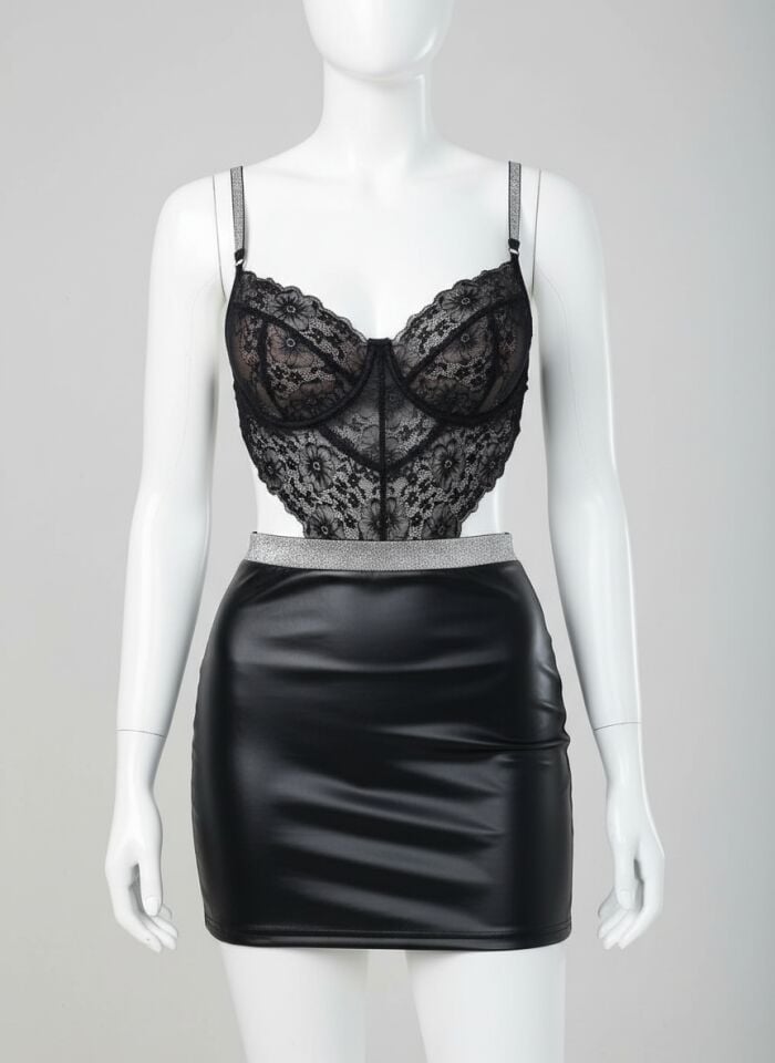 Arias Closet Siyah Dantelli Dekolteli Mini Fantezi Parlak Deri Gecelik