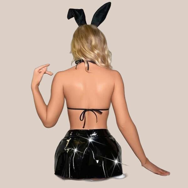 Arias Closet Siyah Dekolteli Mini Fantezi Parlak Deri Kostüm