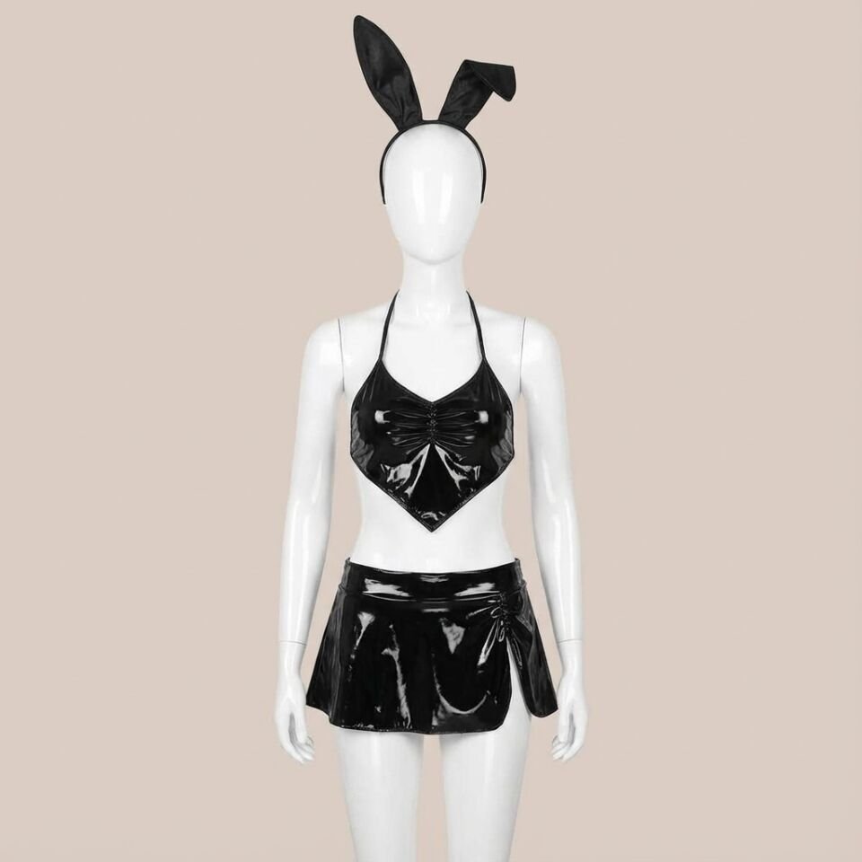 Siyah Dekolteli Mini Fantezi Parlak Deri Kostüm