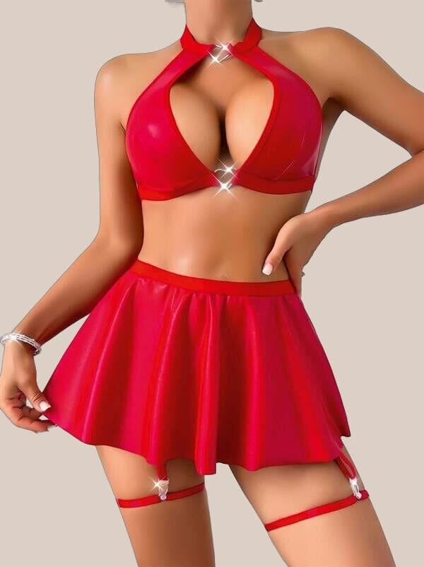 Arias Closet Kırmızı Dekolteli Etekli Boyundan Bağlamalı Fantezi Parlak Deri Kostüm