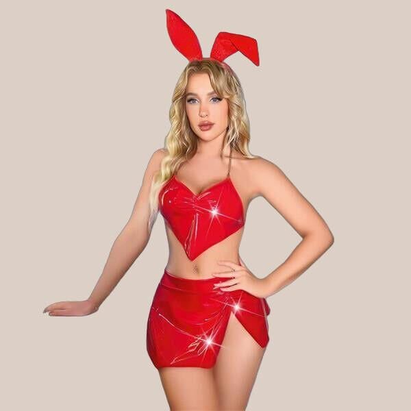 Arias Closet Kırmızı Dekolteli Mini Fantezi Parlak Deri Kostüm