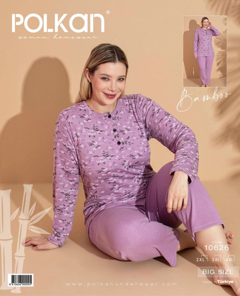 Polkan 10626 Battal Beden Bayan Uzun Kollu Bambu Pijama Takım 3'lü