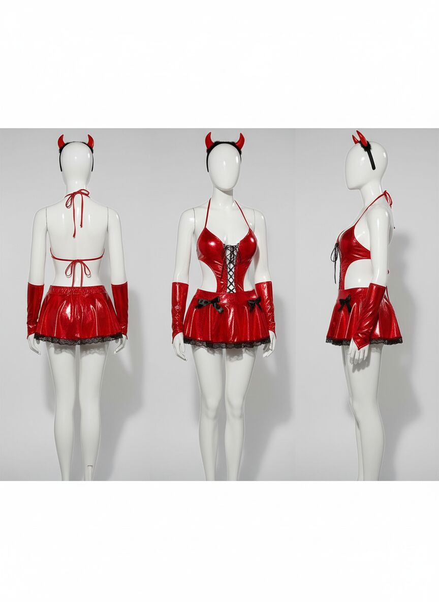 Kırmızı Dekolteli Mini Etekli Fantezi Parlak Deri Kostüm