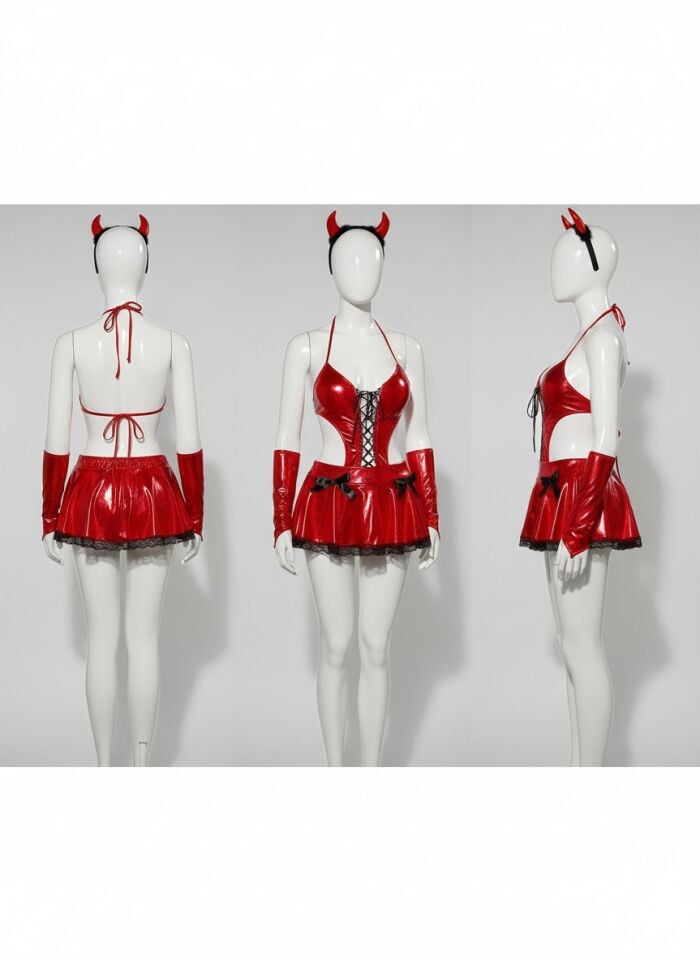 Arias Closet Kırmızı Dekolteli Mini Etekli Fantezi Parlak Deri Kostüm