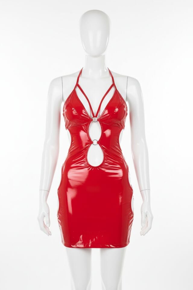 Arias Closet Kırmızı Göğüs Dekolteli Mini Fantezi Parlak Deri Gecelik