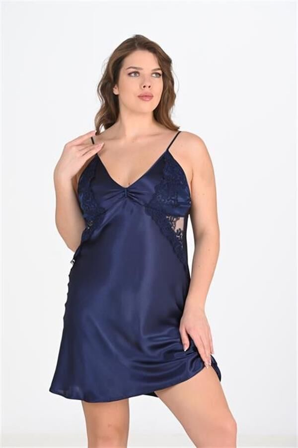 Arias Closet Premium Büyük Beden Saten Dantel İşlemeli Lacivert 2'li Gecelik Sabahlık Takımı Bigsize