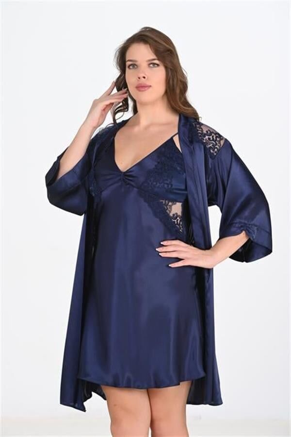 Arias Closet Premium Büyük Beden Saten Dantel İşlemeli Lacivert 2'li Gecelik Sabahlık Takımı Bigsize