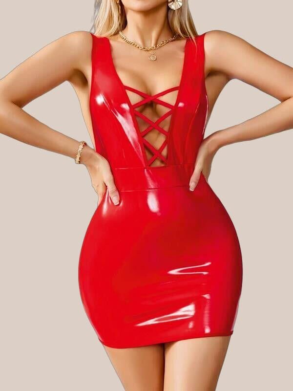 Arias Closet Kırmızı Arkası İp Dekolteli Mini Fantezi Parlak Deri Elbise