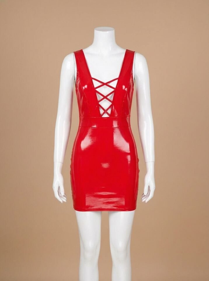 Kırmızı Arkası İp Dekolteli Mini Fantezi Parlak Deri Elbise