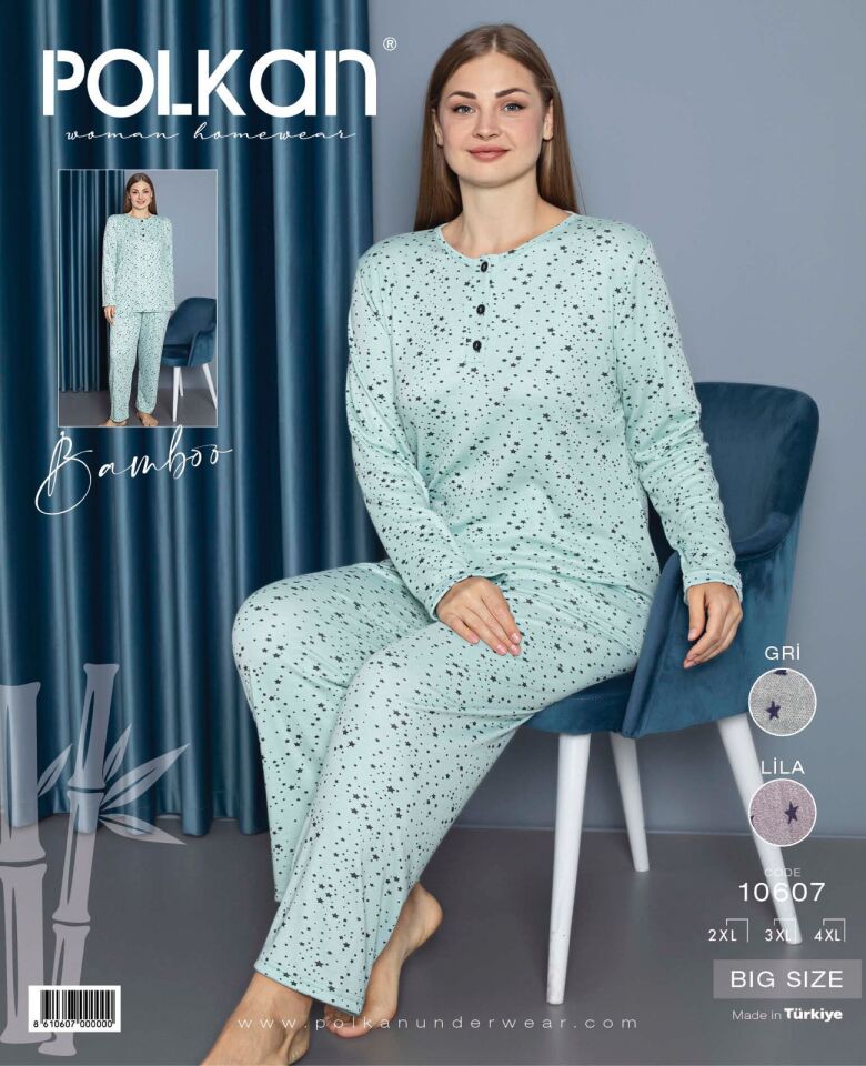 Polkan 10607 Battal Beden Bayan Uzun Kollu Bambu Pijama Takım 3'lü