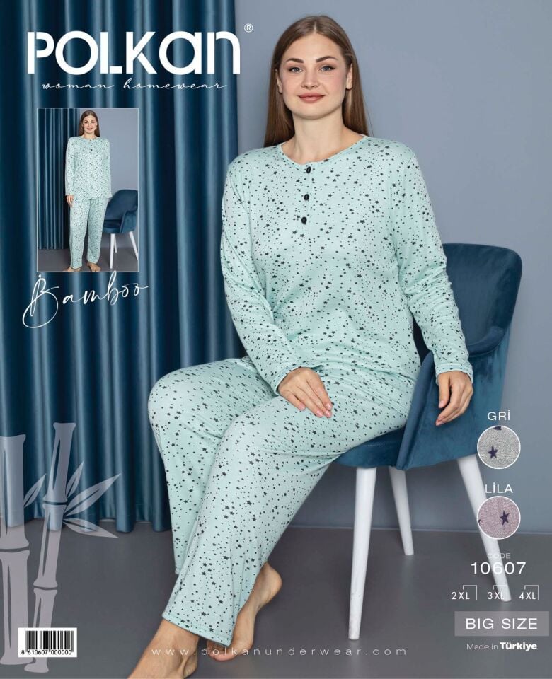 Polkan 10607 Battal Beden Bayan Uzun Kollu Bambu Pijama Takım 3'lü