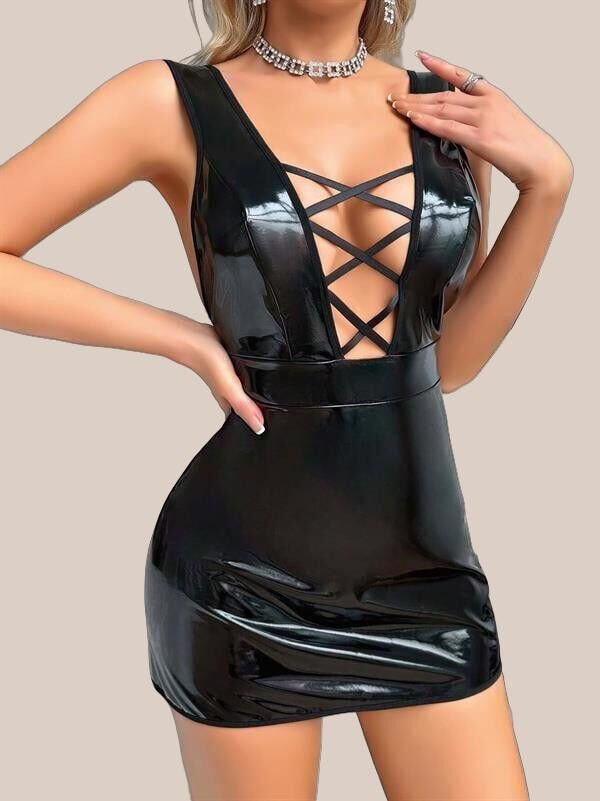 Siyah Arkası İp Dekolteli Mini Fantezi Parlak Deri Elbise