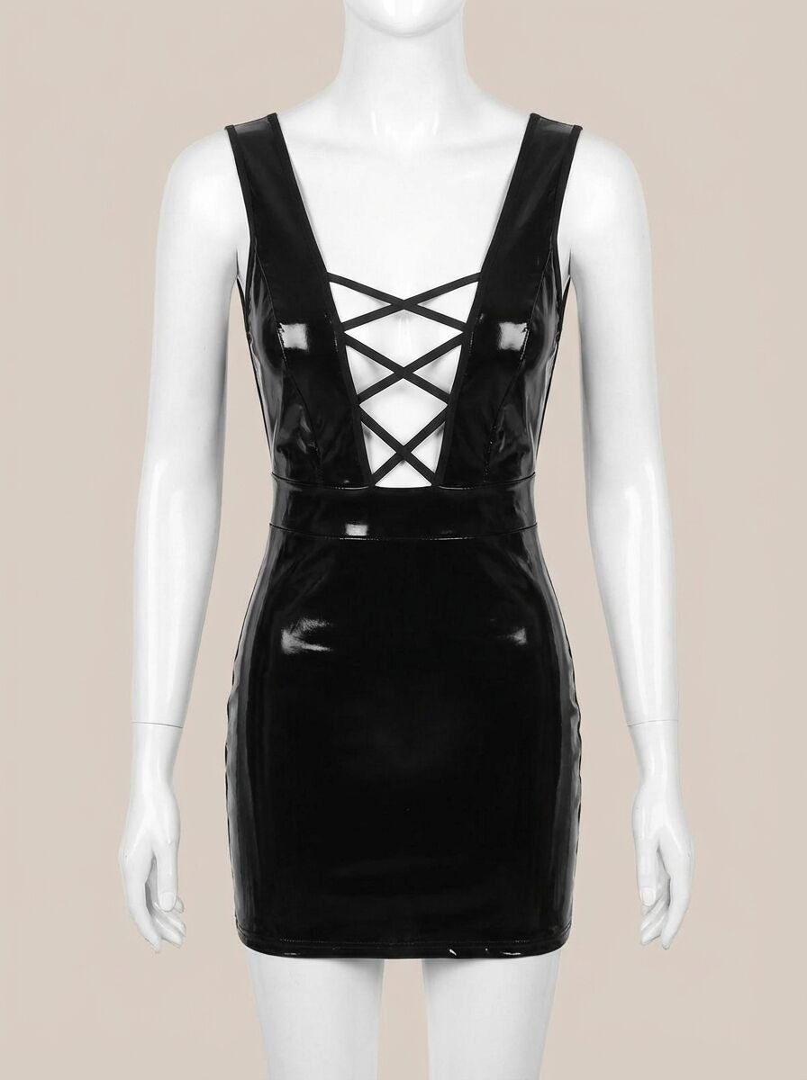 Siyah Arkası İp Dekolteli Mini Fantezi Parlak Deri Elbise