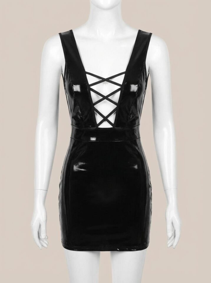 Siyah Arkası İp Dekolteli Mini Fantezi Parlak Deri Elbise