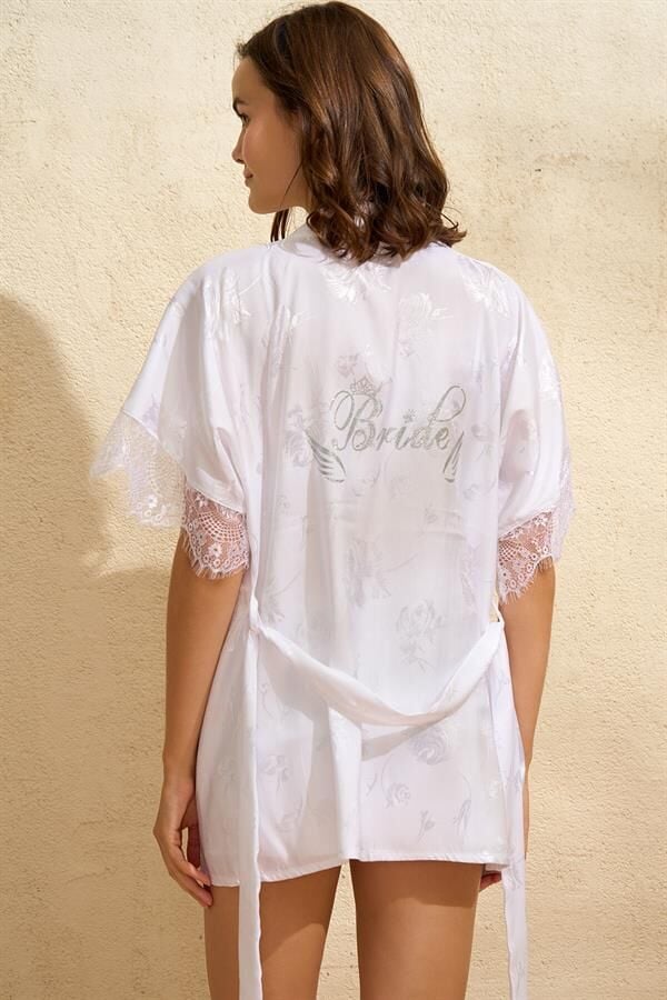 Arias Closet Saten Bride Baskılı Dantelli Sabahlık Balensiz Desteksiz Dolgusuz Bralet Sütyen ve Şort 3'lü Takım