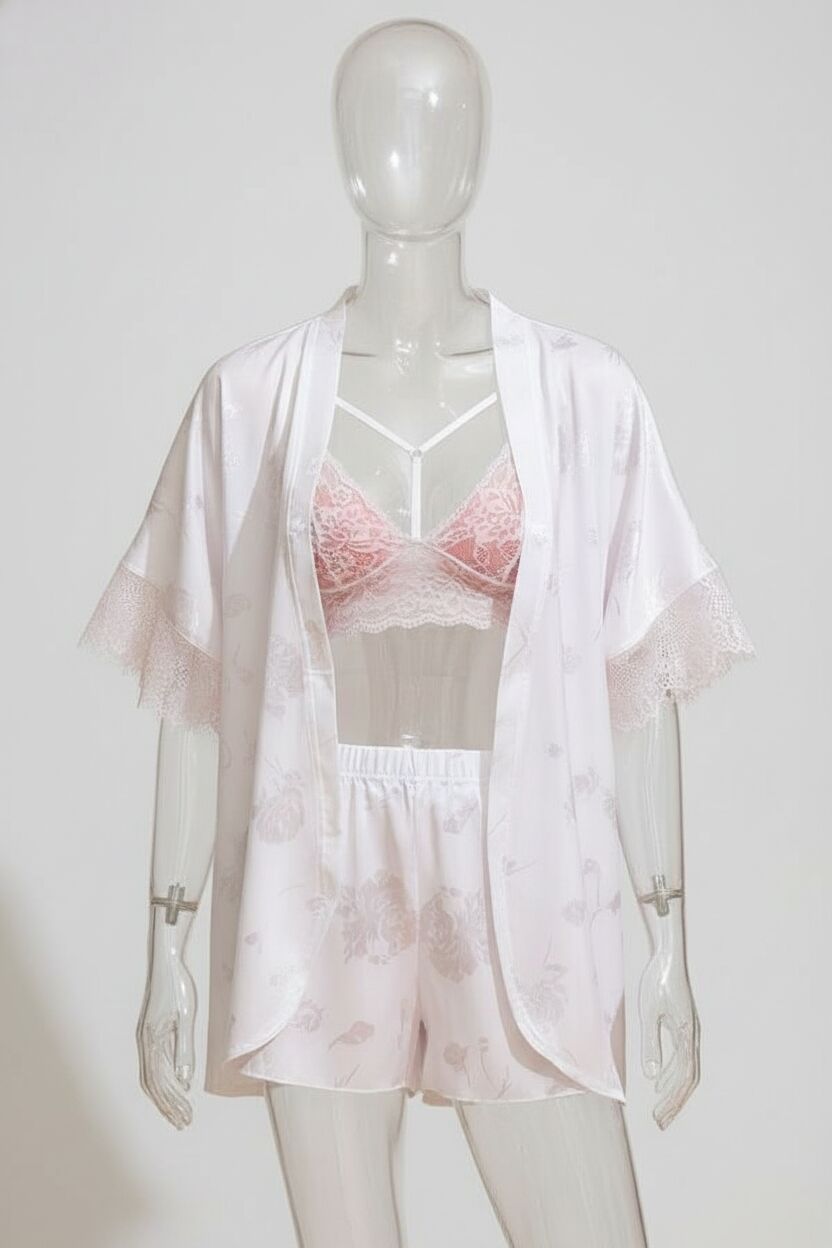 Arias Closet Saten Bride Baskılı Dantelli Sabahlık Balensiz Desteksiz Dolgusuz Bralet Sütyen ve Şort 3'lü Takım