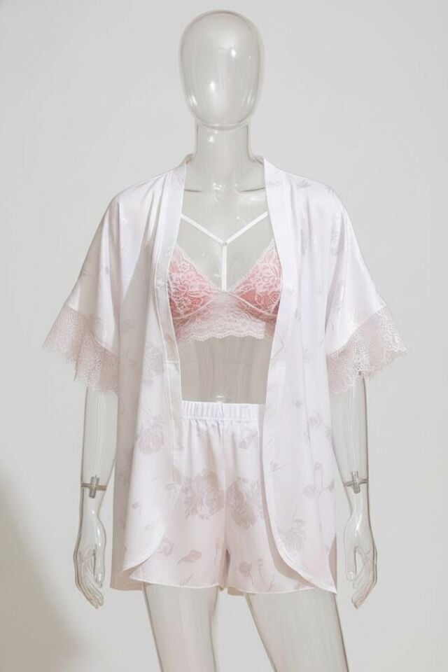 Arias Closet Saten Bride Baskılı Dantelli Sabahlık Balensiz Desteksiz Dolgusuz Bralet Sütyen ve Şort 3'lü Takım