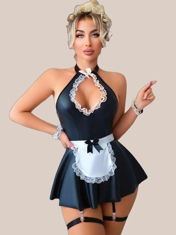 Arias Closet Siyah Göğüs Dekolteli Boyundan Bağlamalı Mini Etekli Fantezi Deri Hizmetçi Kostümü