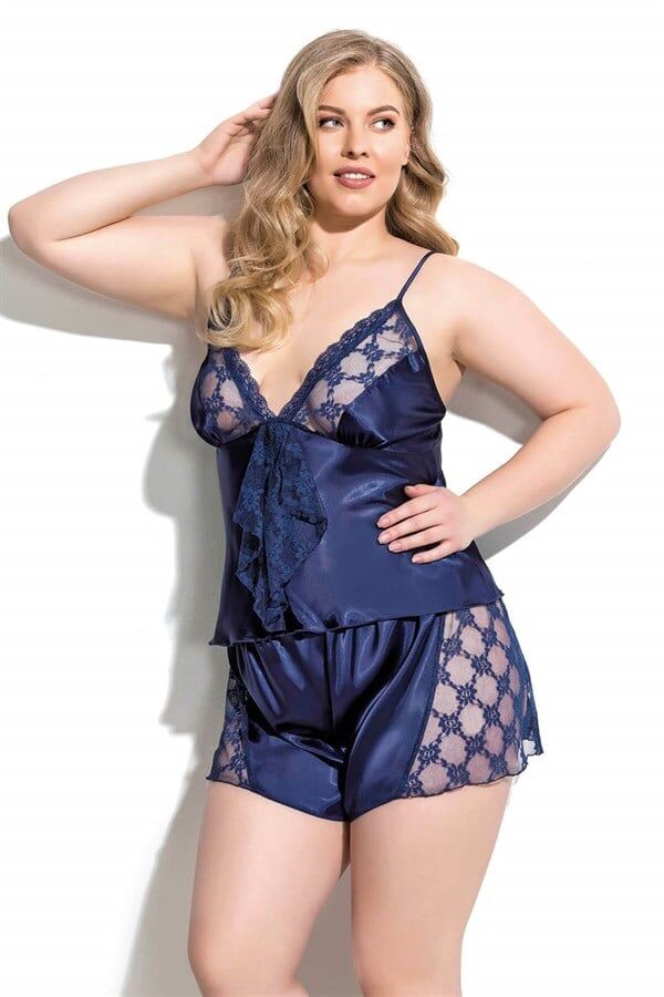 Arias Closet Büyük Beden Lacivert Saten Babydoll Şort Takımı