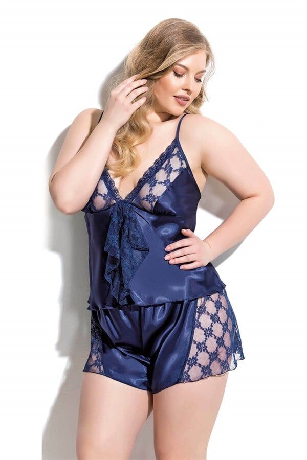 Arias Closet Büyük Beden Lacivert Saten Babydoll Şort Takımı