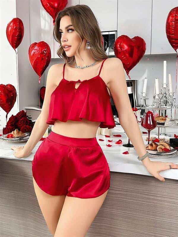 Arias Closet Kırmızı İnce Askılı Kurdelalı Saten Şortlu Takım