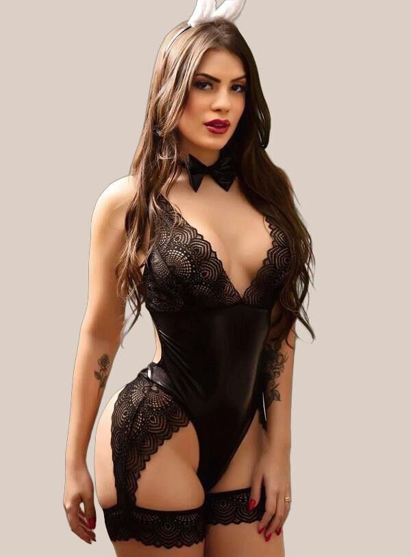 Arias Closet Siyah Dantel İşlemeli Fantezi Deri Body