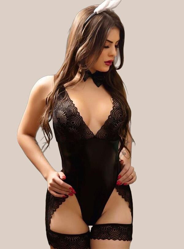 Arias Closet Siyah Dantel İşlemeli Fantezi Deri Body