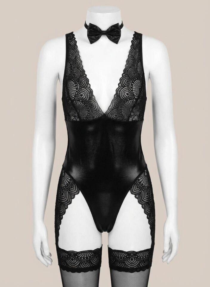 Siyah Dantel İşlemeli Fantezi Deri Body