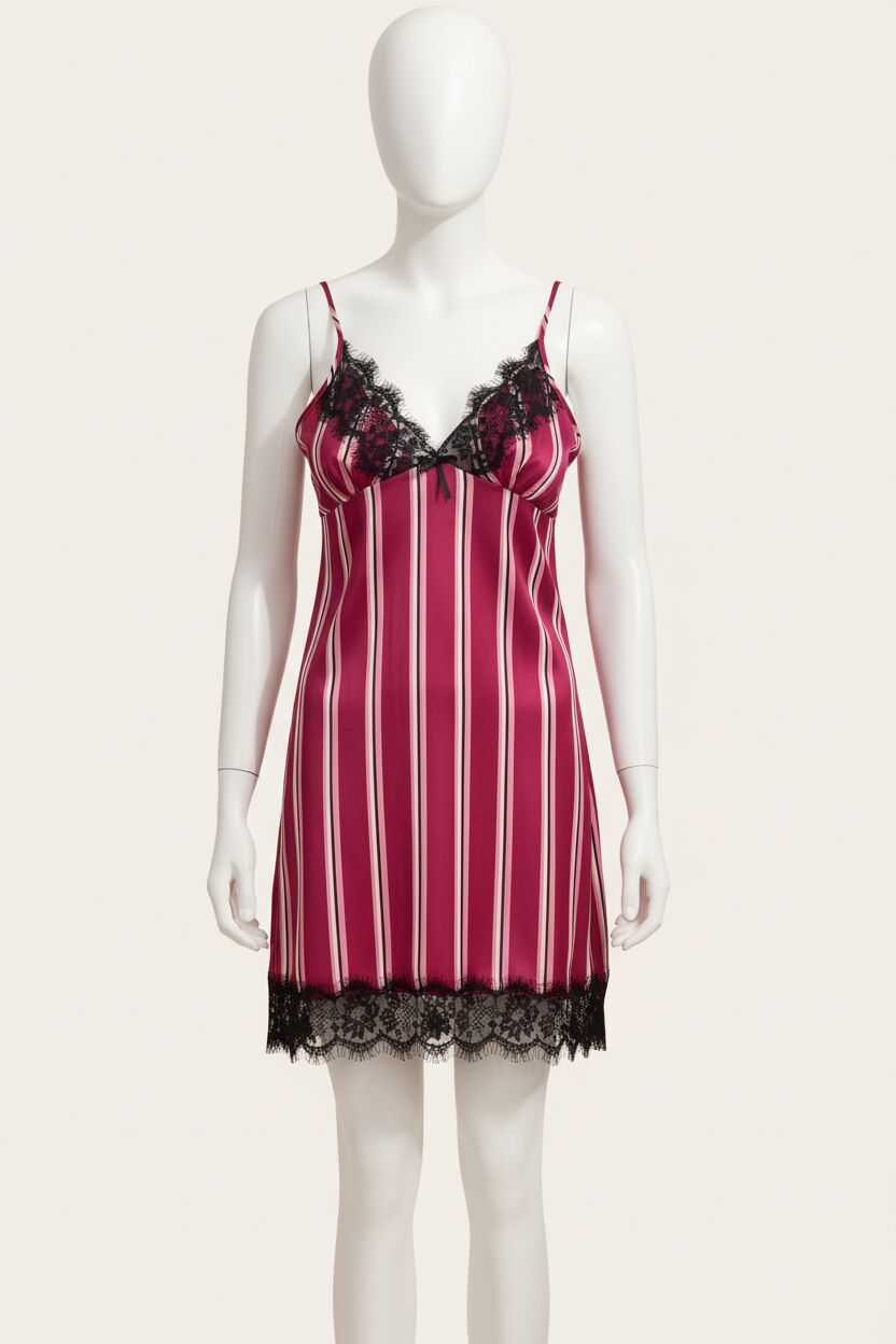 Saten Çizgili İp Askılı Dantelli Kısa Gecelik