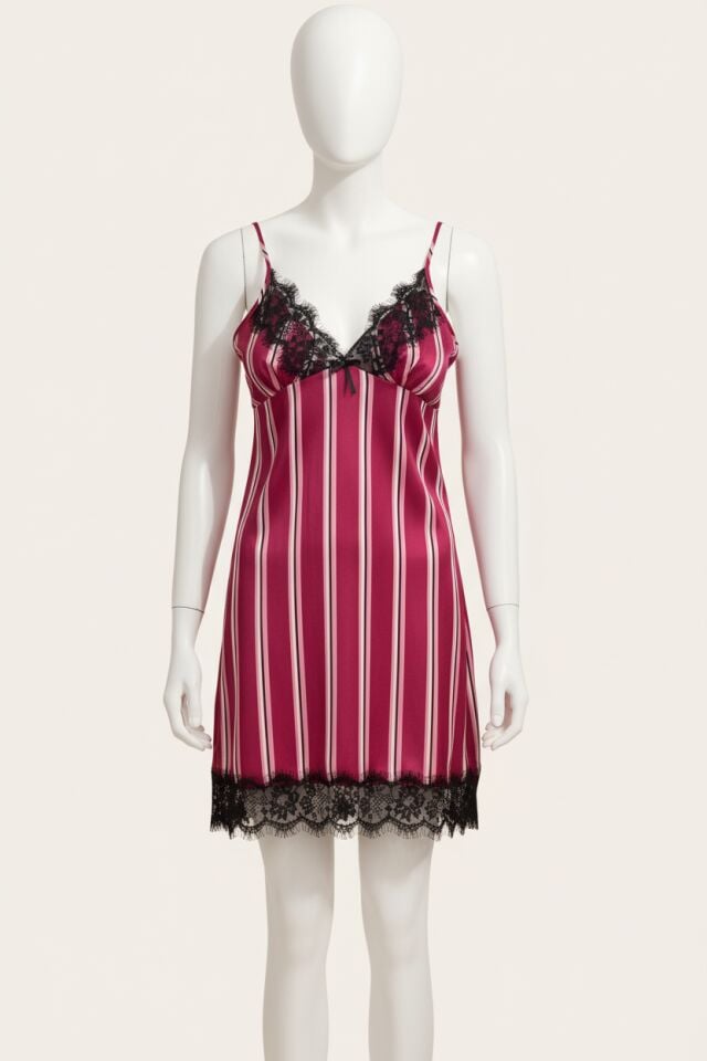 Saten Çizgili İp Askılı Dantelli Kısa Gecelik