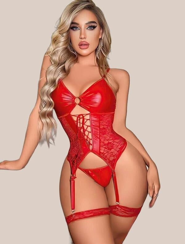 Arias Closet Kırmızı Dantel İşlemeli Büstiyerli Fantezi Deri Jartiyer Takımı